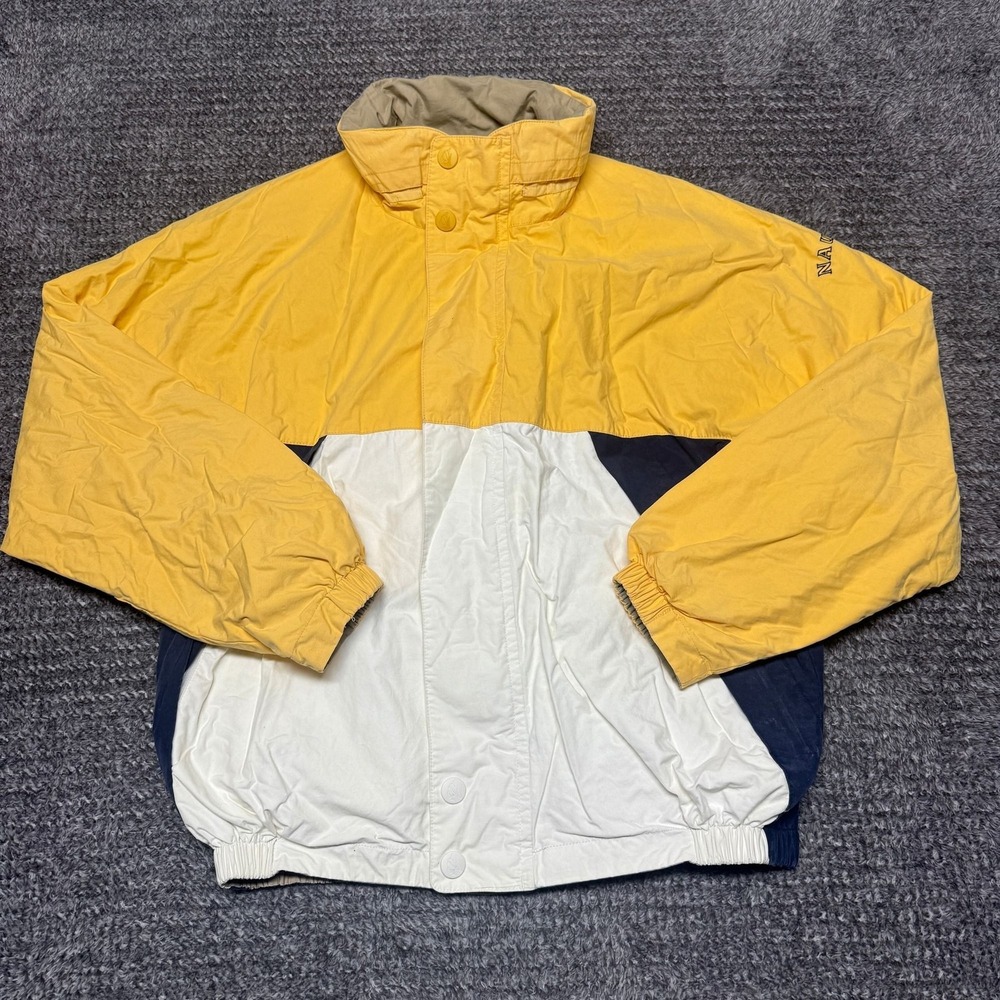 Nautica‎ Mens Vintage Reversible Bomber Jacket Size L Yellow Blue Tan Colorblock